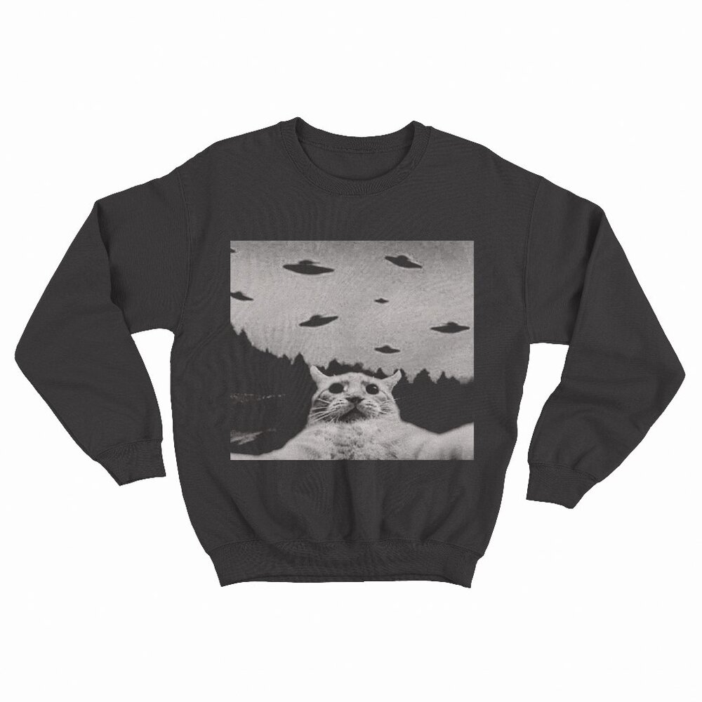 Alien UFO Funny Cat Black Sweatshirt